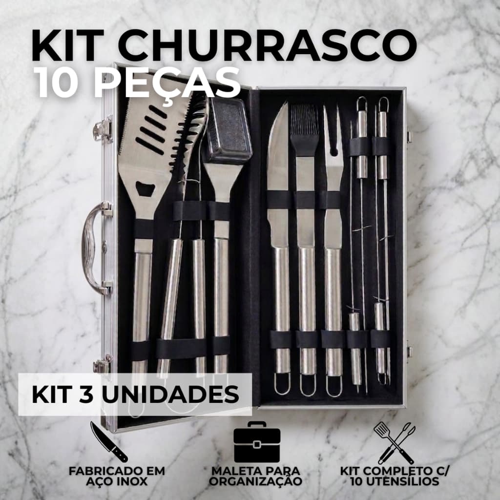 Kit 3 Unidades Churrasco 10 Peças Aço Inox com Maleta 30 Peças Completo