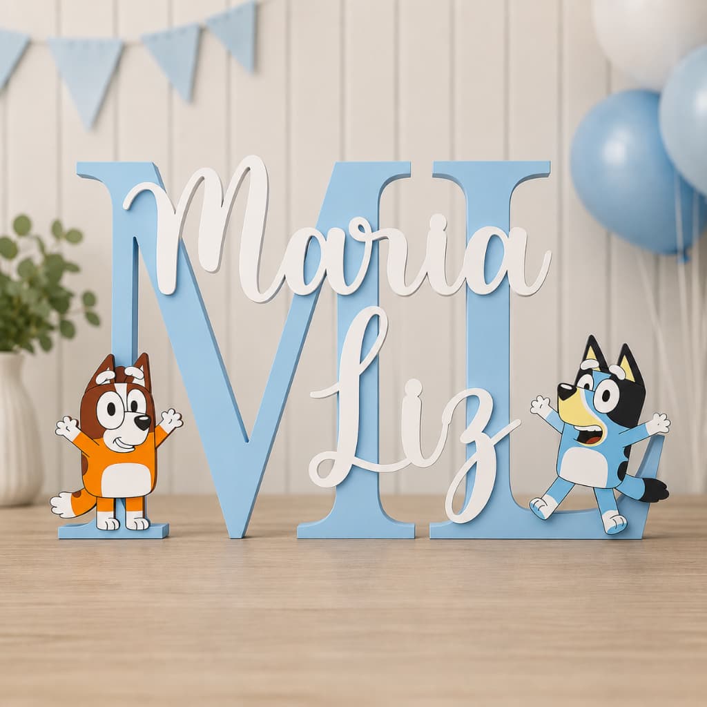 Nome Decorativo Bluey e Bingo Personalizado em Impressão 3D | Letreiro com Nome para Festa Infantil | Decoração de Mesa