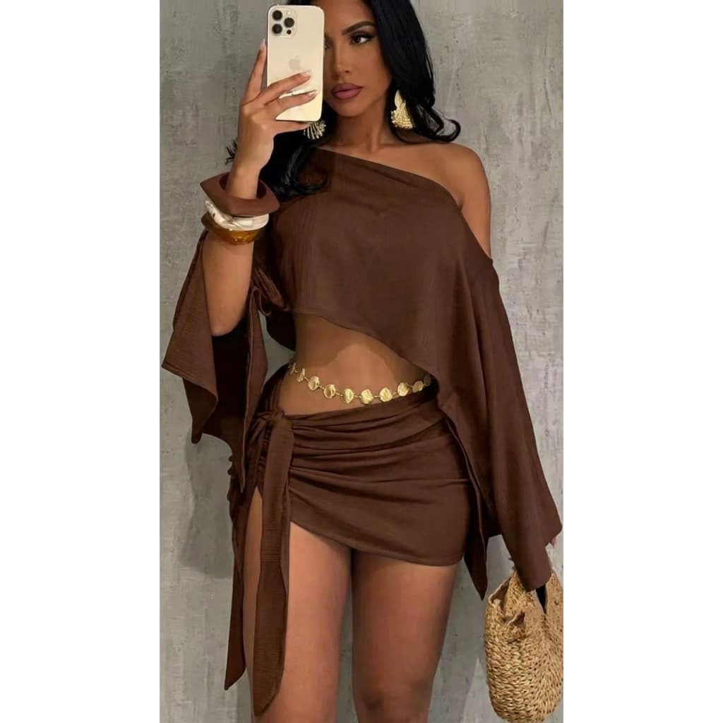 Conjunto Saida De Praia Noronha Em Duna Cropped Assimetrico Saia Gringa