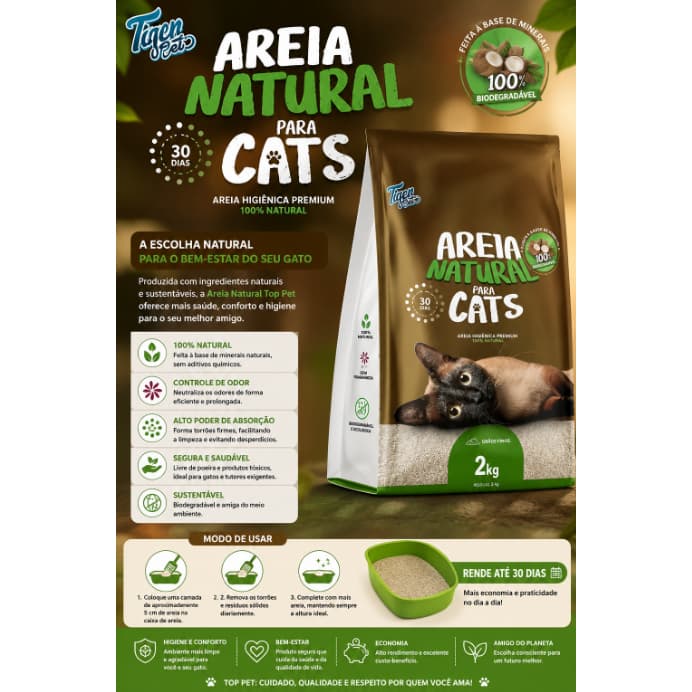 AREIA HIGIENICA BIODEGRADAVEL 2 KGS - MANDIOCA PCT MARROM