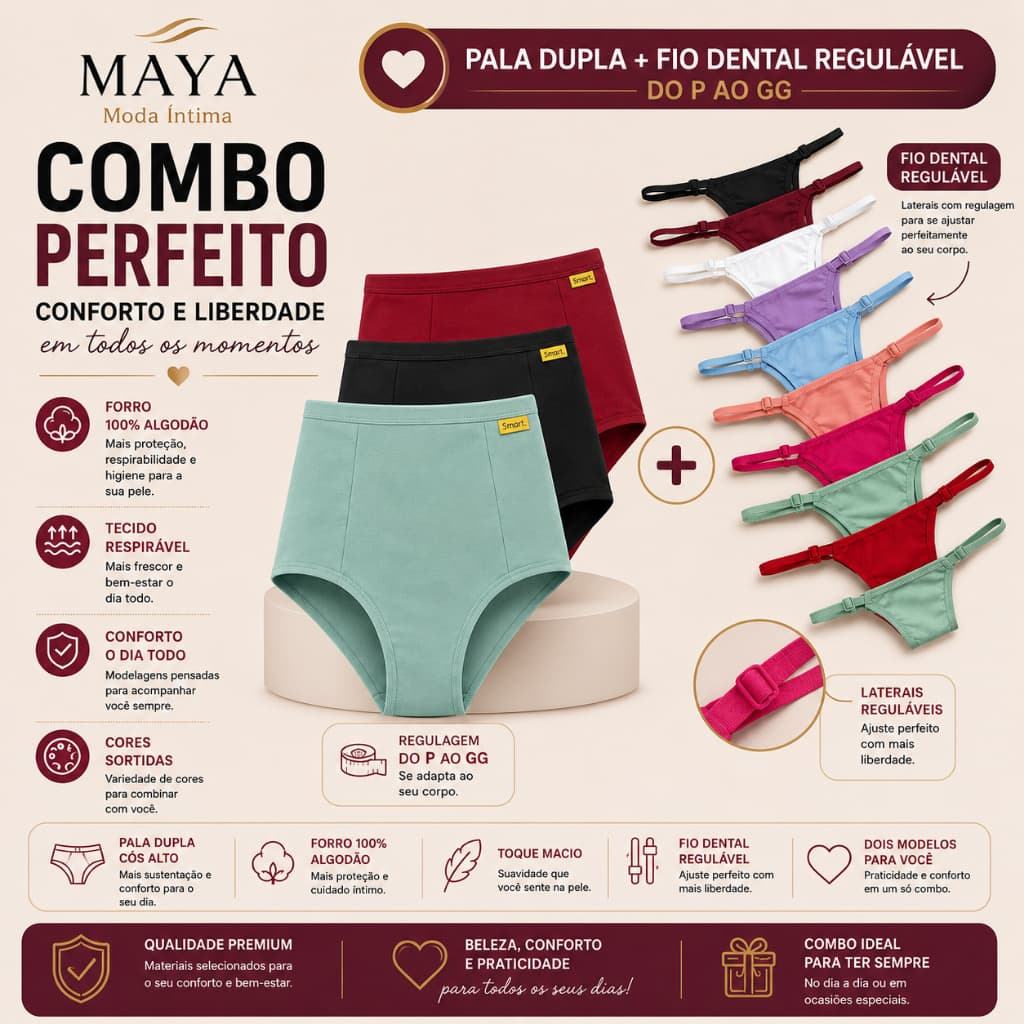 Kit Calcinha Feminina Pala Dupla Cintura Alta + Fio Dental Regulável P ao GG Microfibra Forro Algodão