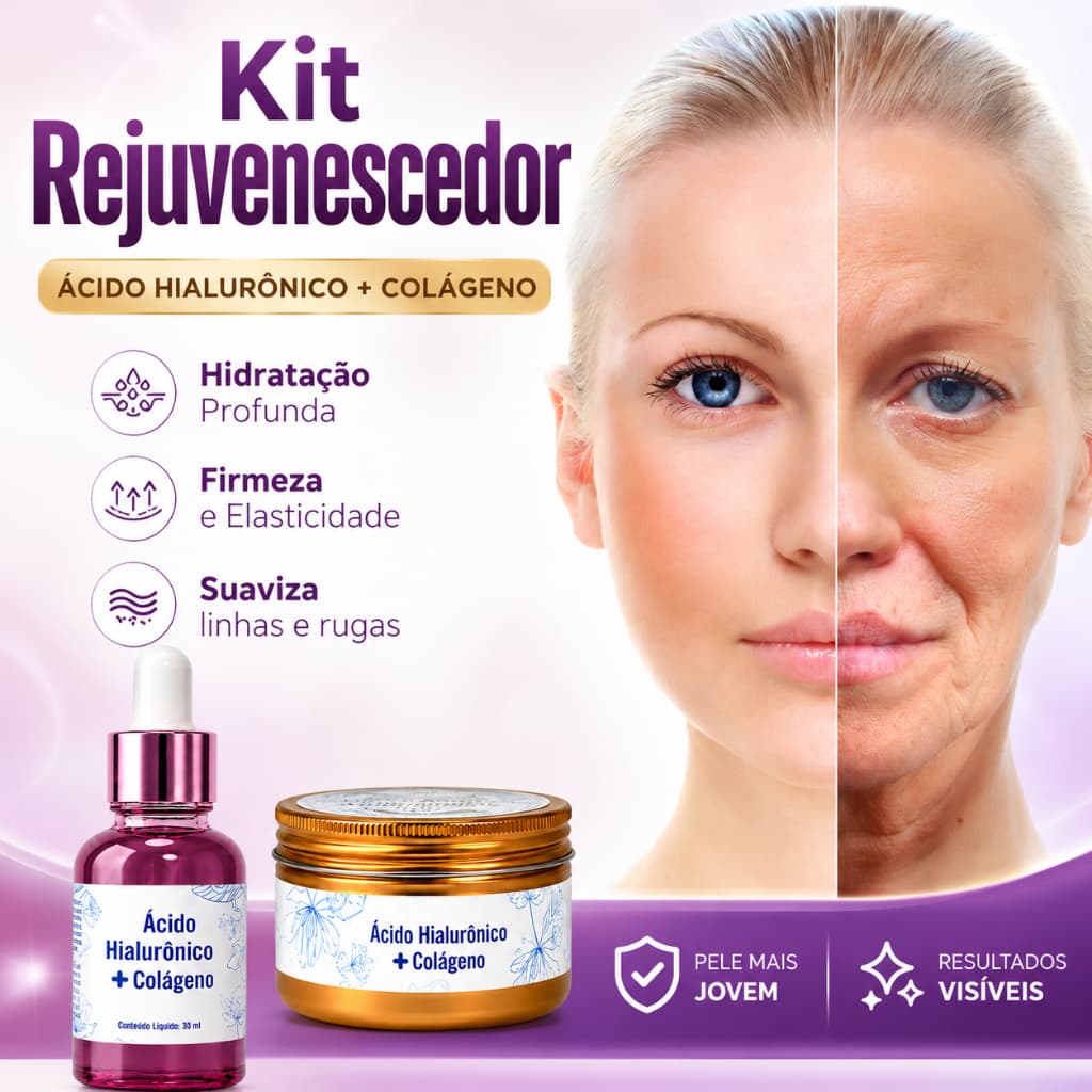 Kit Creme Facial Ácido Hialurônico  Com  Colágeno + Serum Facial Rejuvenescimento da Pele Anti-Rugas