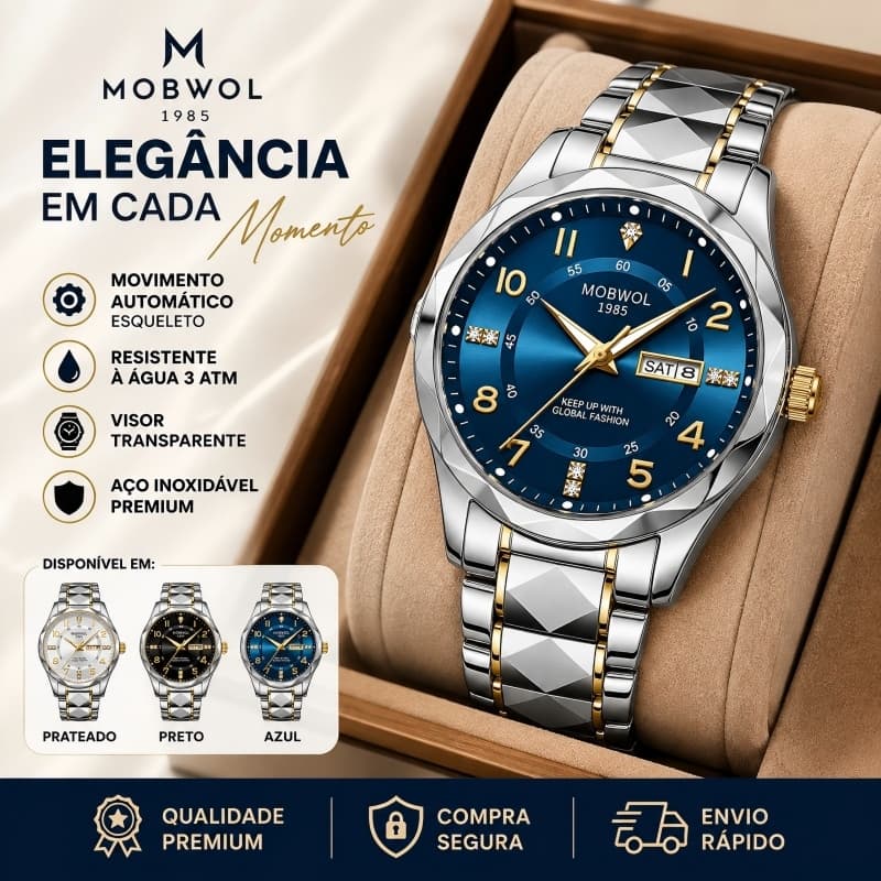 MOBWOL Relógio Masculino Luxo Social Quartzo Aço Inoxidável Analógico Cronógrafo Calendário Esportivo Elegante de Pulso