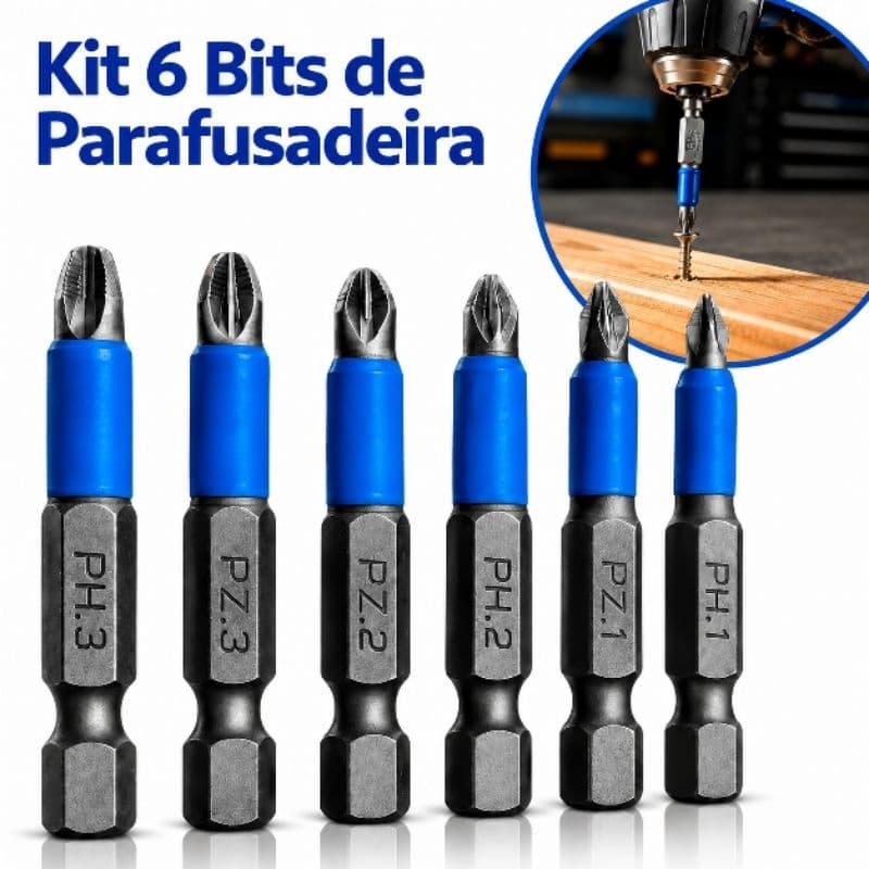 Kit 6 Bits Magnéticos Phillips Profissional Alta Resistência para Parafusadeira