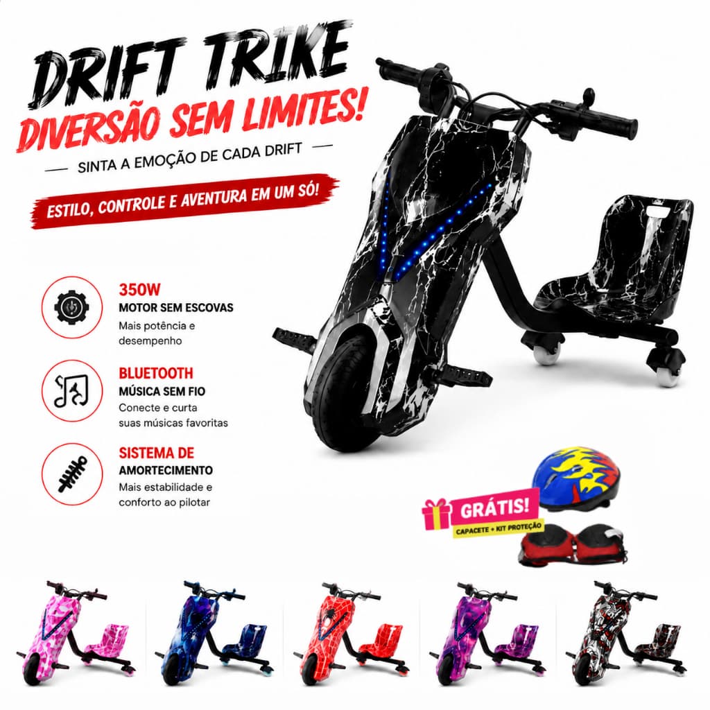 Triciclo Infantil Elétrico Drift 350W com Bluetooth MP3 com Bandeirinha Alta Potência Três Velocidades Ajustáveis