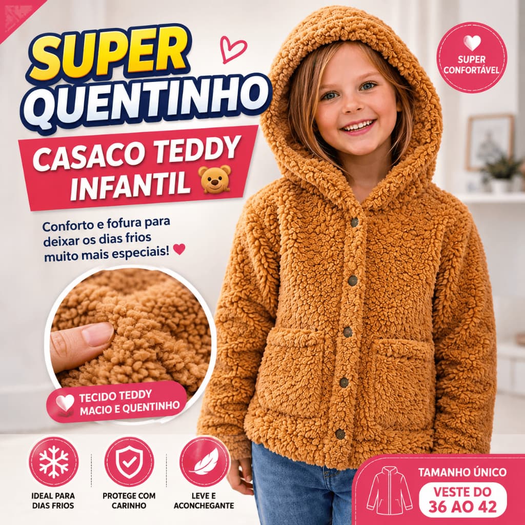 Casaco Teddy Infantil Menina Pelúcia Carneirinho Com Capuz Quentinho Inverno 2 ao 10