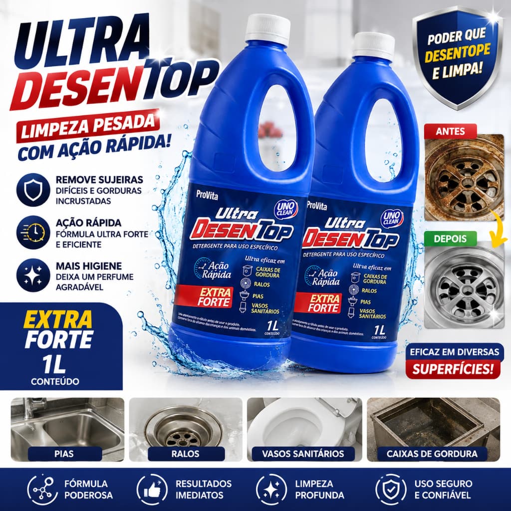 Desentupidor Líquido Ultra Desentop 1L Desentope Cano Ralo Pia Vaso Sanitário Caixa de Gordura Limpa Fossa