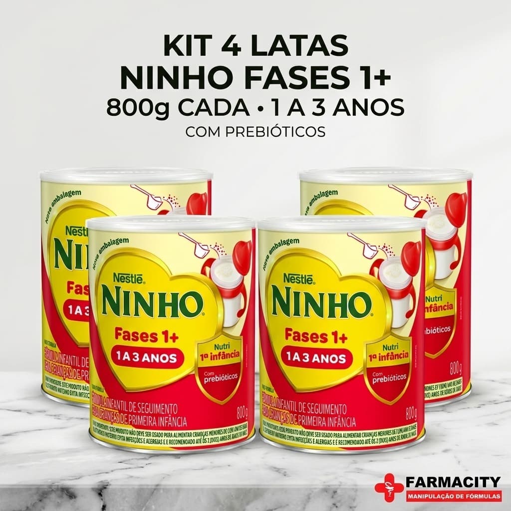 Kit 4 Ninho Fases 1+ 800g Nestlé | Fórmula Infantil 1 a 3 Anos com Prebióticos