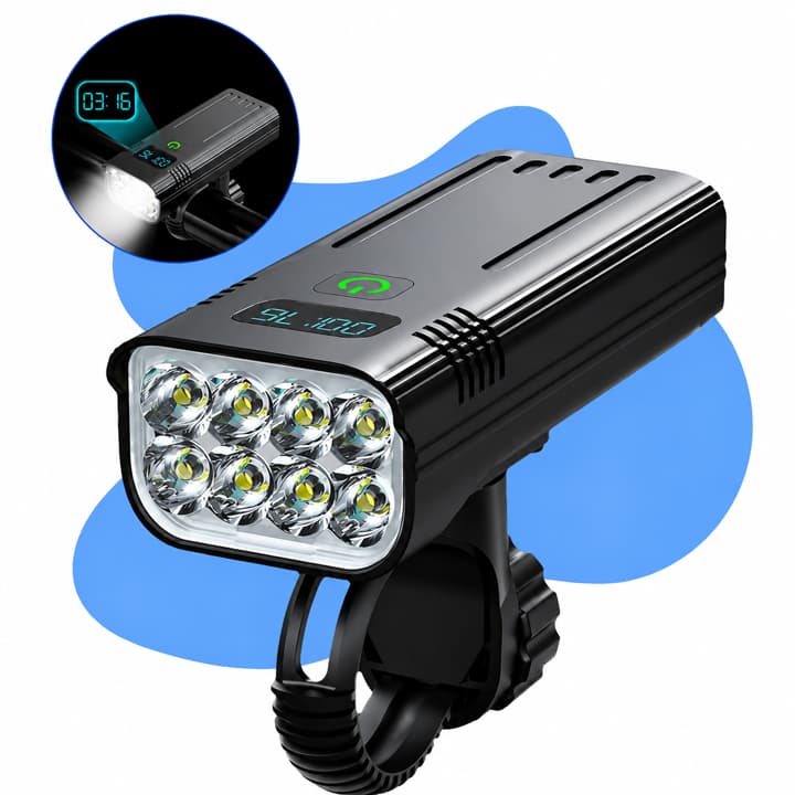 Farol 8 LEDS para Bike Recarregável USB Luz Dianteira Potente com Display Digital