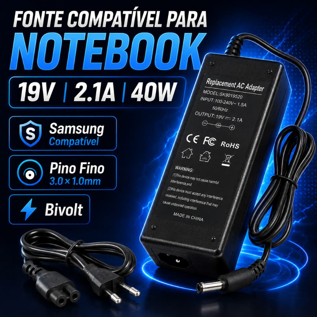 Carregador Fonte Notebook Samsung 40W 19V 2.1A Conector Fino 3.0x1.0mm Bivolt Modelos Compatíveis