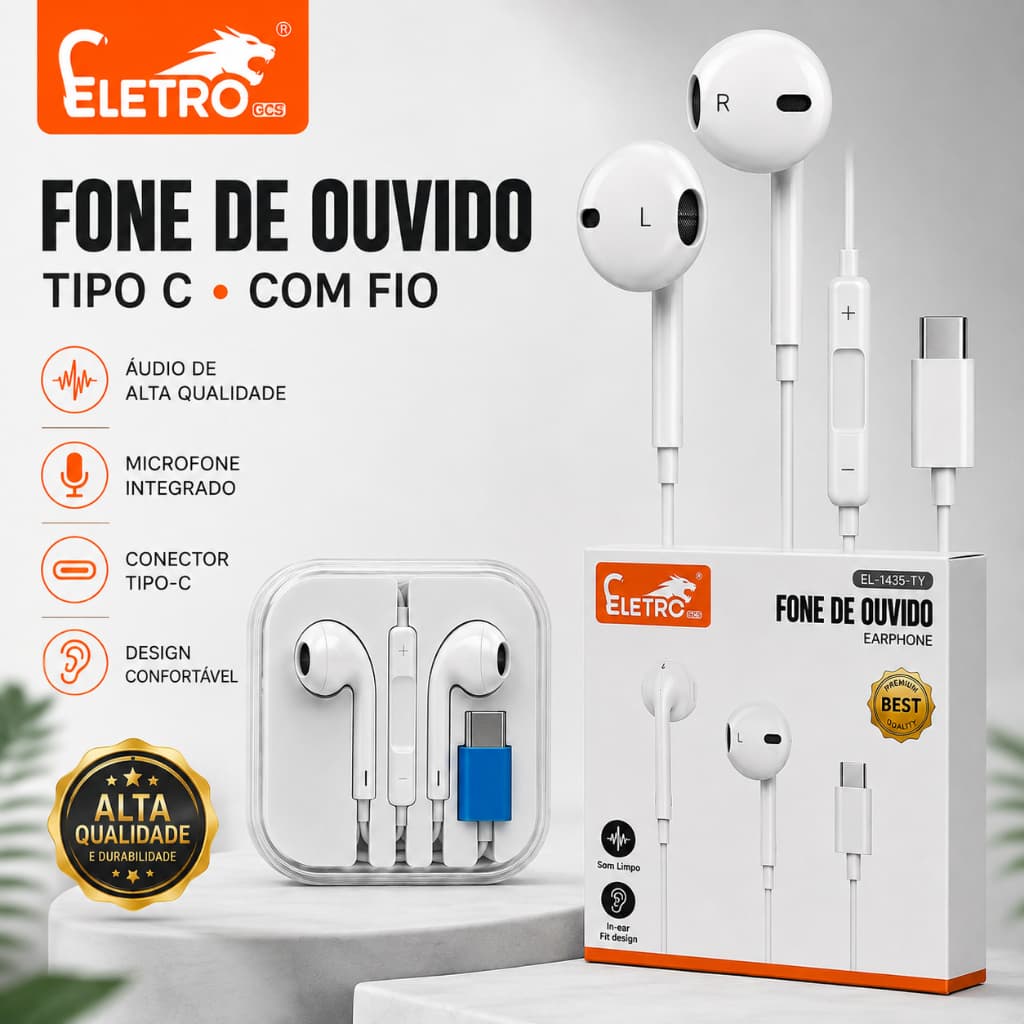 Fone Tipo C com Fio Microfone Original Eletromex para Samsung Galaxy Xiaomi Redmi Android USB-C
