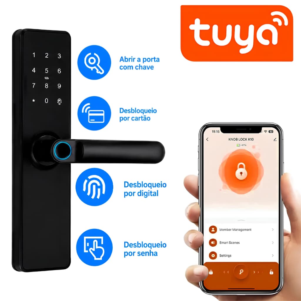 Fechadura Inteligente Digital 5 em 1 Biométrica Impressão Digital Senha Cartão Chave APP Tuya-Knup
