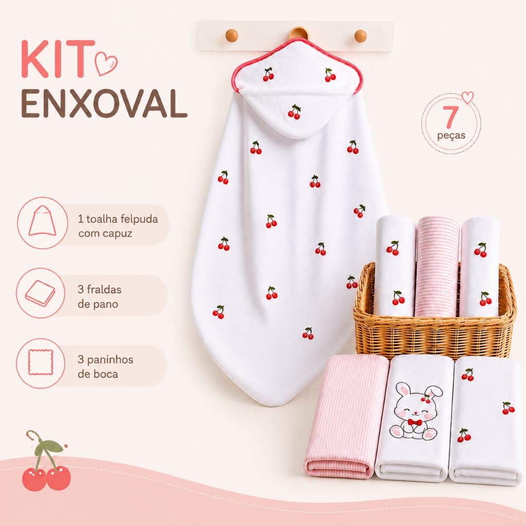 Kit Enxoval de Bebê Toalha Felpuda  Paninho de boca e Fralda de Pano Tema Cerejinha ( 7 PEÇAS )