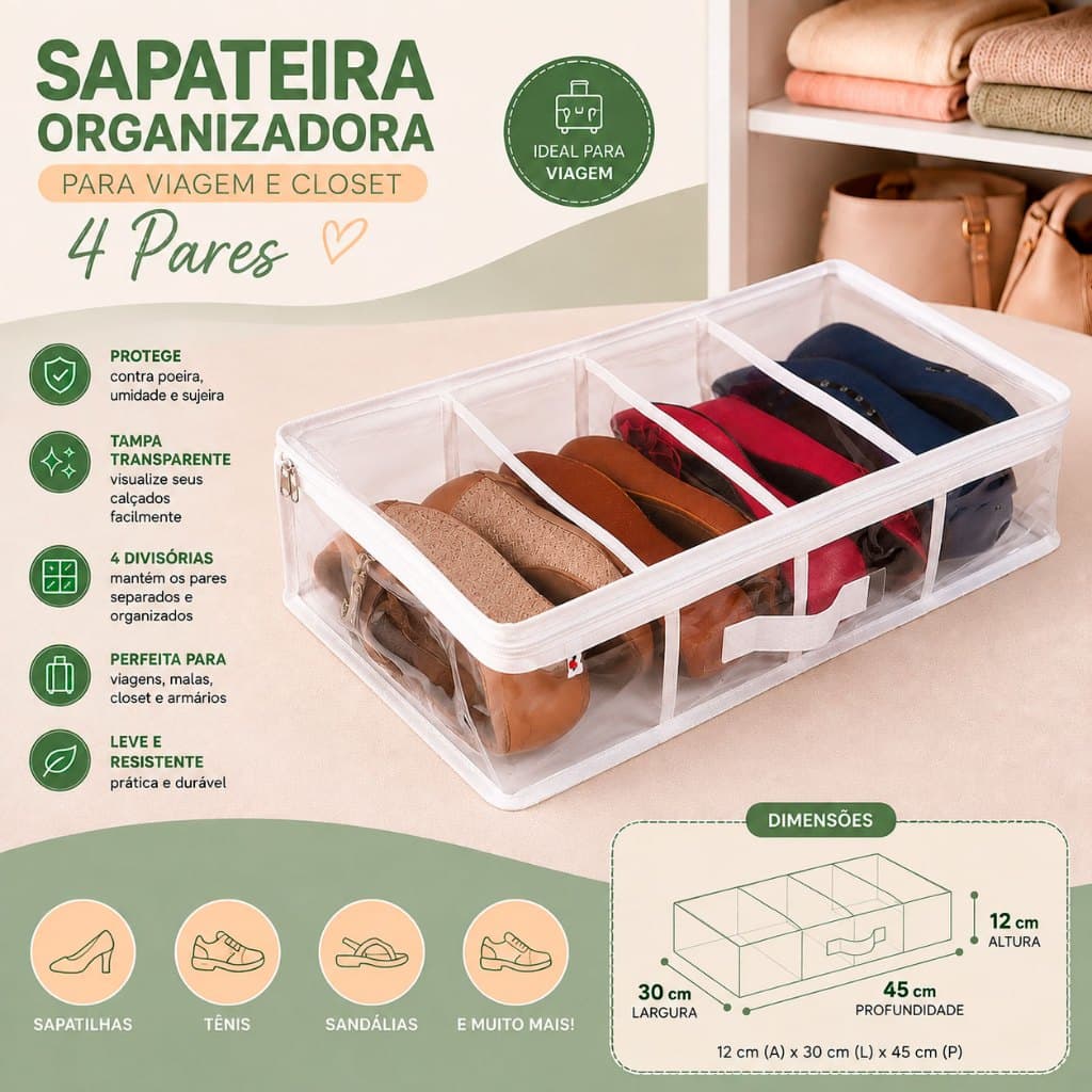 Sapateira Organizadora para Viagem e Closet 4 Pares com Tampa e Divisórias