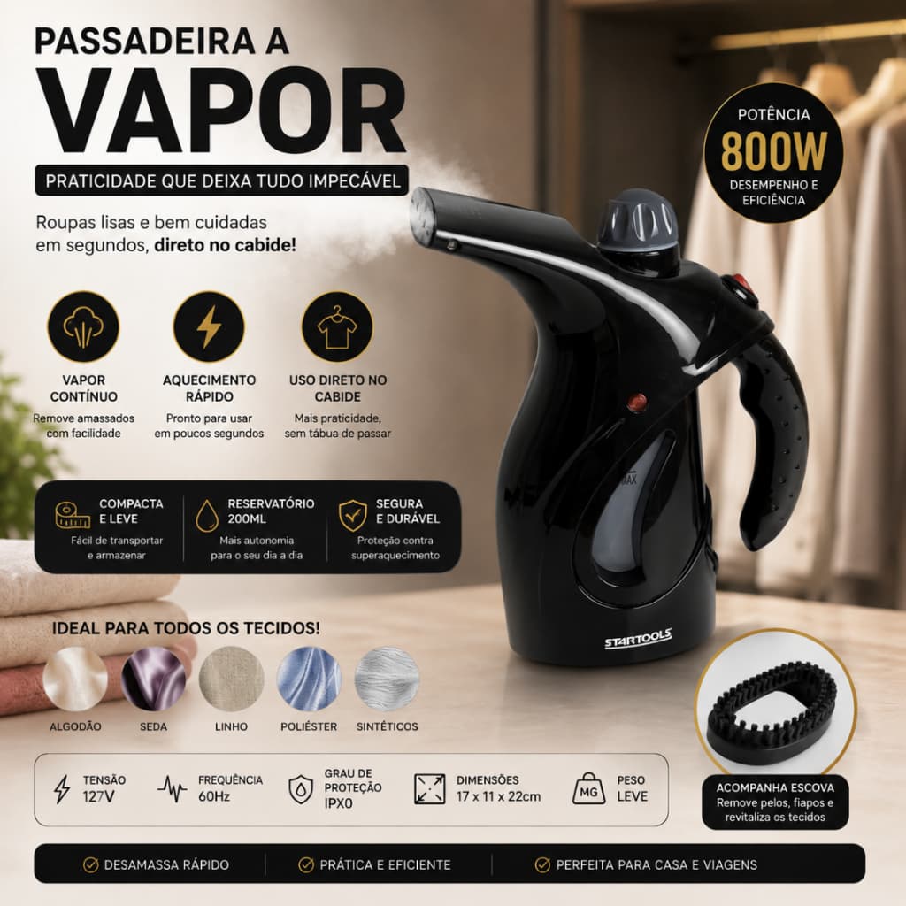 Passadeira a Vapor Portátil 800W 127V Vaporizador de Roupas 200ml