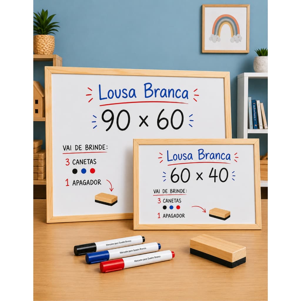 Lousa Quadro Branco 60x40 90x60 Madeira 3 Canetas Apagador
