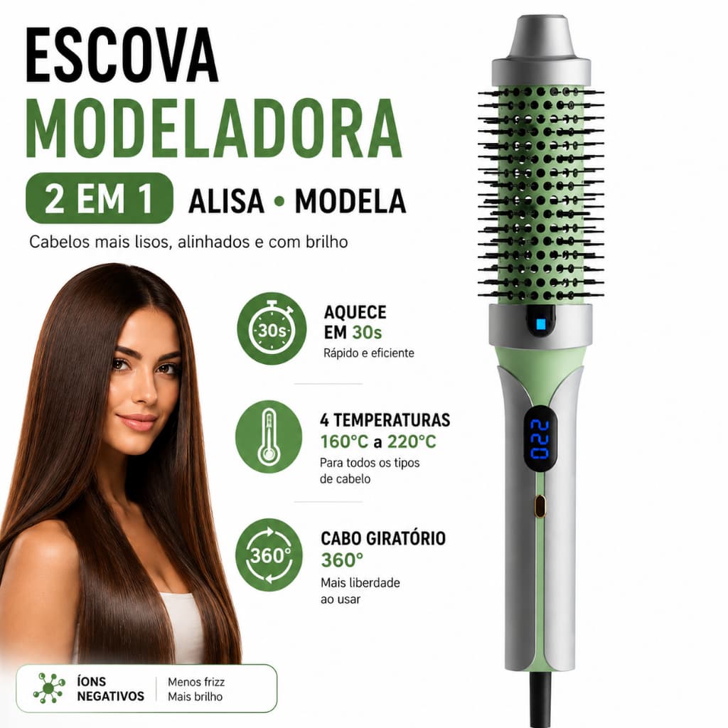 Escova Modeladora 2 em 1 Alisa e Enrola Cabelos Bivolt Aquecimento Rápido até 200°C
