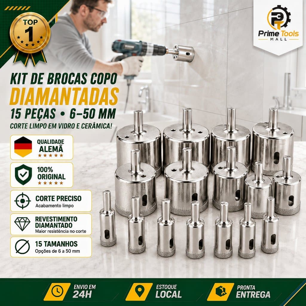 Kit 15 Pcs Brocas Copo Diamantadas Vidro Ceramica 6-50mm Serras Alta qualidade