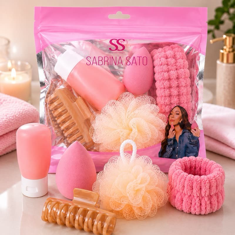 Kit Beleza 5 em 1 Sabrina Sato Skincare Maquiagem Banho Piranha Esponja Faixa