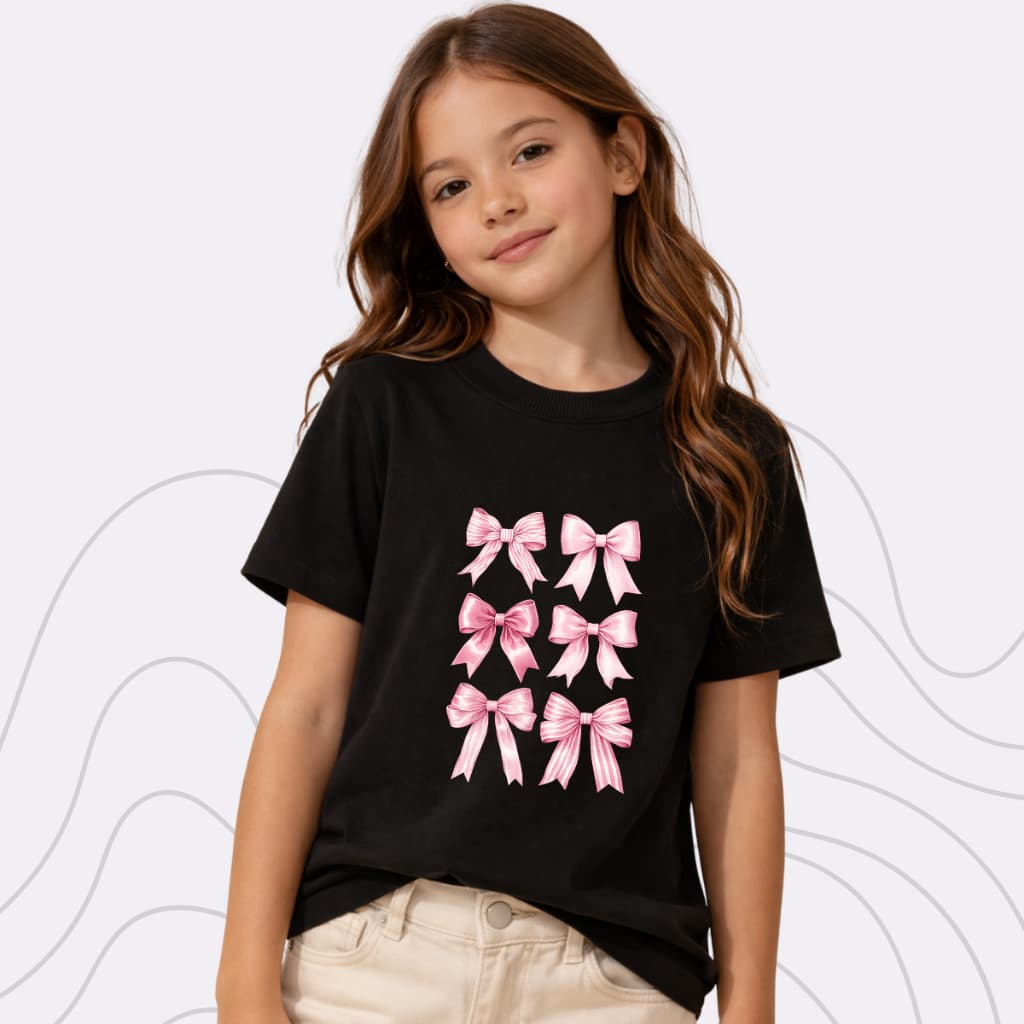 Camiseta Infantil Menina Estampa Fofa de Laços 100% Algodão Gola Redonda Canelada