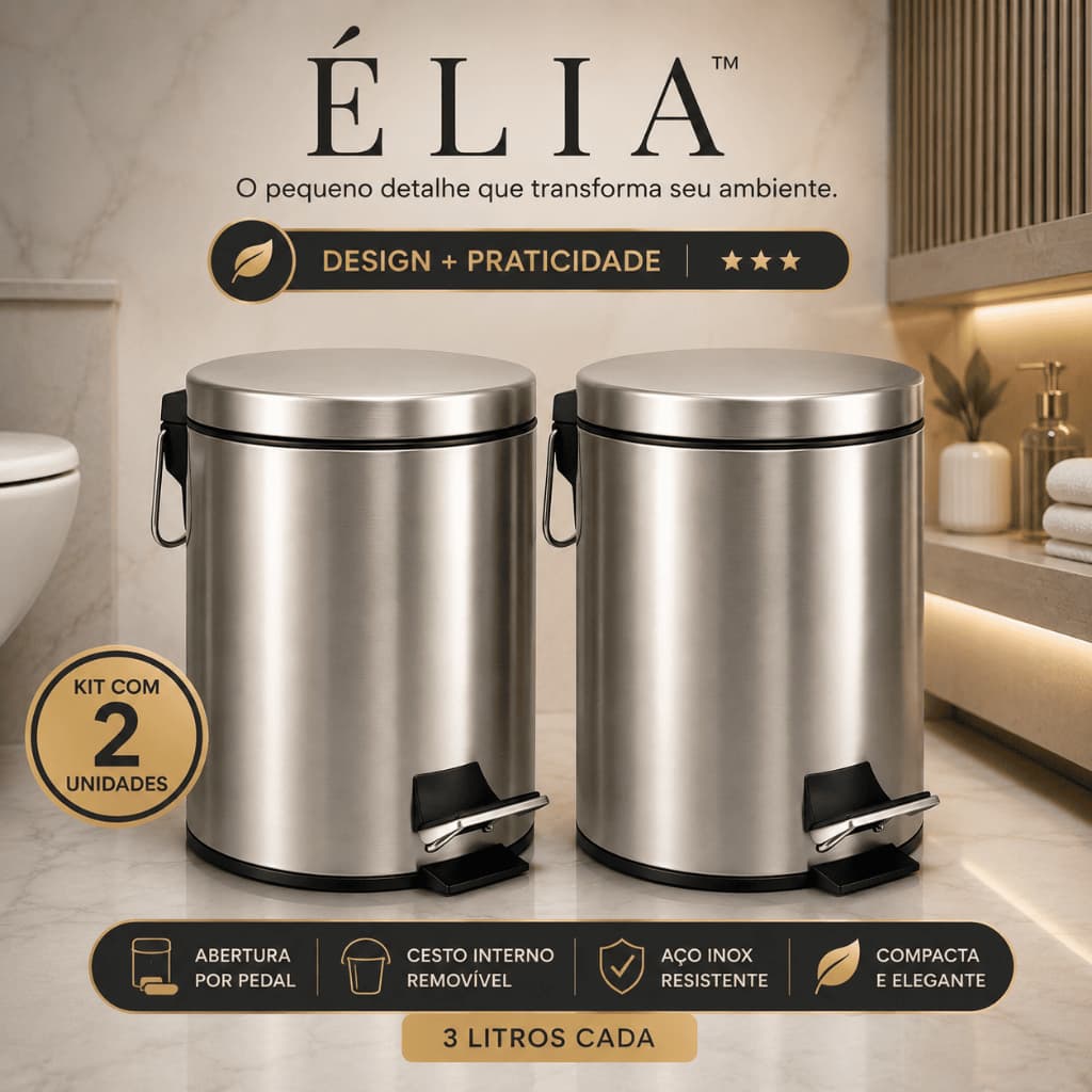 Kit 2 Lixeiras Inox 3L com Pedal ÉLIA™ – Cesto Interno Removível, Tampa Silenciosa, Lixeira para Banheiro Lavabo Cozinha