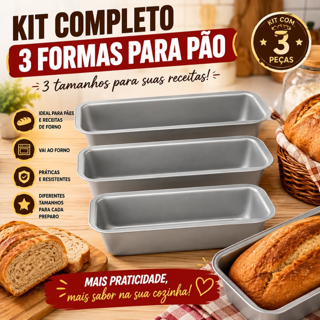 Kit 3 Assadeiras Retangulares para Pão e Forno 3 Tamanhos