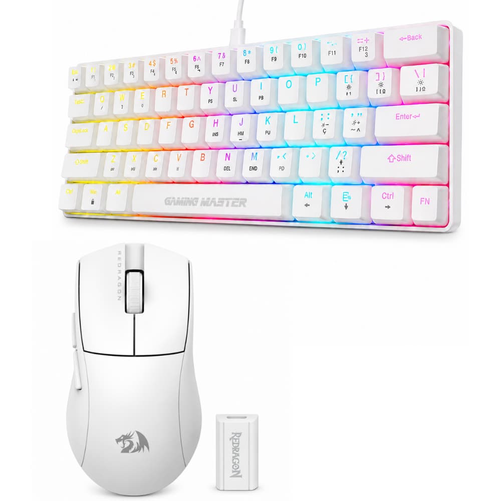 Kit Teclado Mecânico 60% Branco + Mouse Redragon King Pro 1k