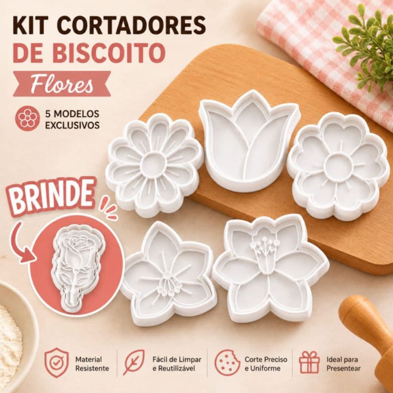kit 5 cortadores de biscoito flores com carimbo marcador + Brinde lembrancinha presente kit