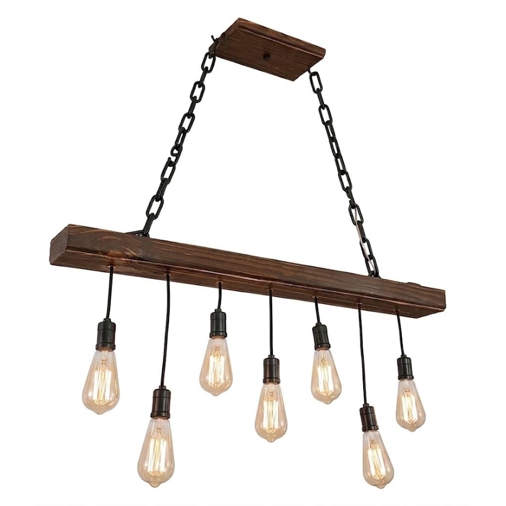 Luminária Lustre Rústico Madeira Maciça 90cm para 7 lâmpadas com Correntes Grossas - Pó de Madeira