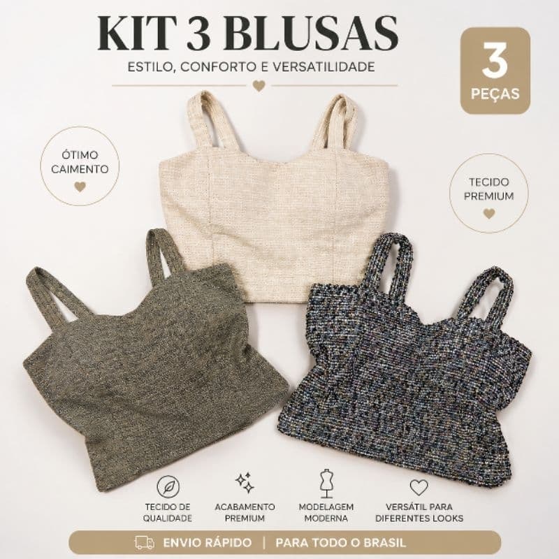 Kit 3 Blusas Cropped Femininas Premium Texturizadas Elegantes | Cores Variadas | Moda Feminina Estilosa P M G Moda 2026