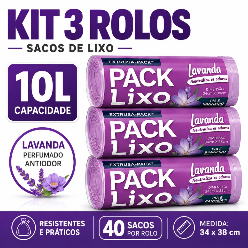 Kit 3 Rolos Saco de Lixo Perfumado Lavanda 10L 120 Unidades Pia Banheiro 34x38