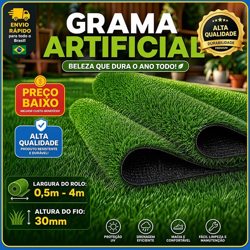 Grama Sintética 2m de Largura 3cm Para Jardim Terraço Área de Lazer Decoração