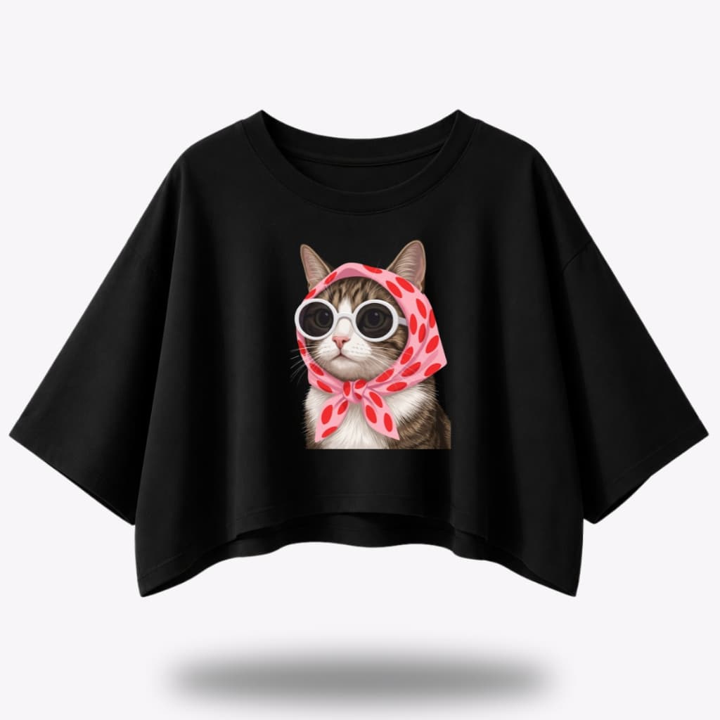 Cropped Feminino Oversized Estampado Camiseta Feminina T-shirt Gato Estiloso Moda Feminina Para Mulheres