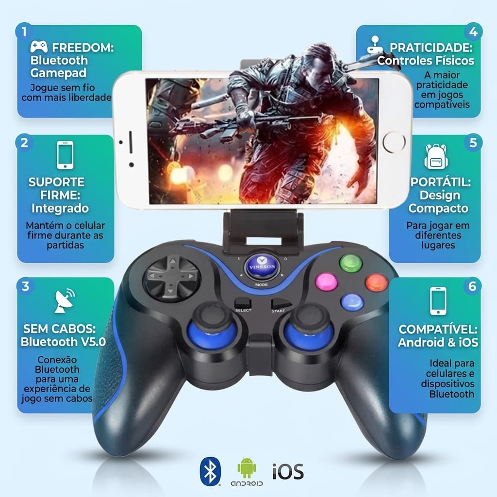 Gamepad Bluetooth Sem Fio para Celular com Suporte Integrado Controle Gamer para Jogos