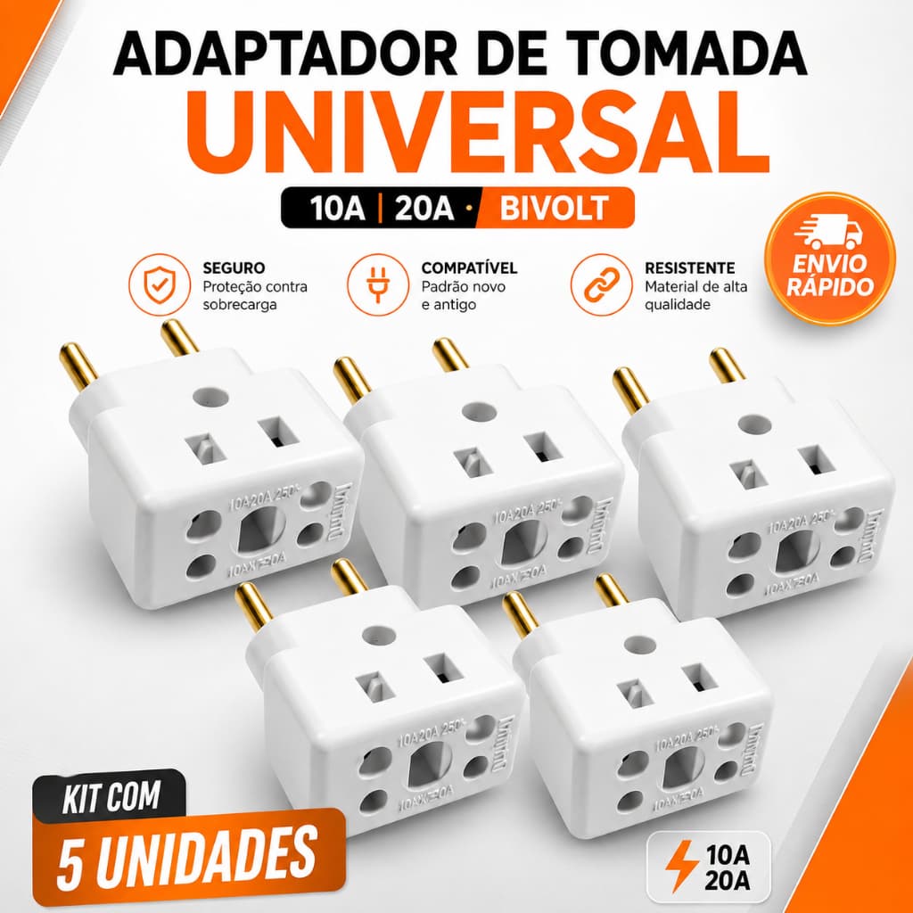 Adaptador de Tomada 10A/20A Pino Maciço Universal Benjamin Bob Esponja Resistente Compacto Branco