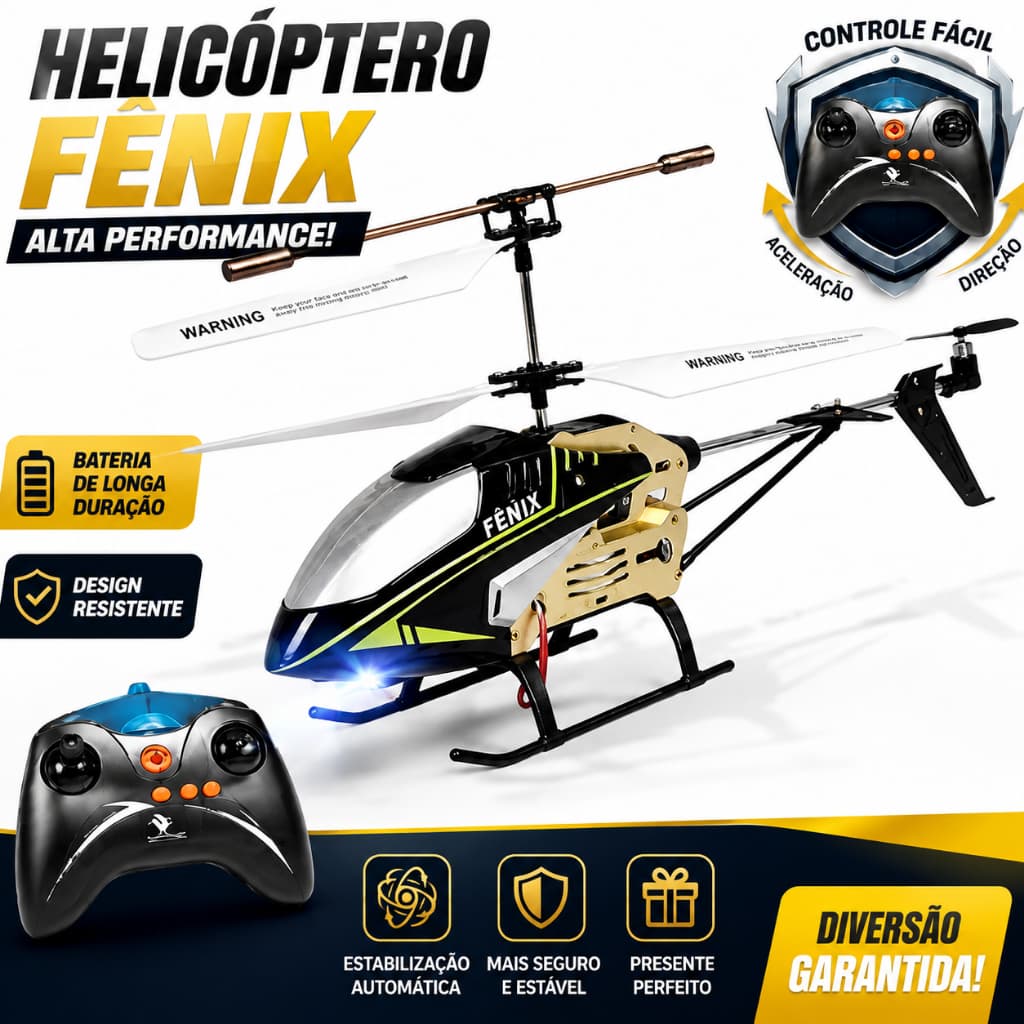 Helicóptero Fênix Controle Remoto 3 Canais Infrared com Giroscópio + Luz LED | Super Estável e Recarregável