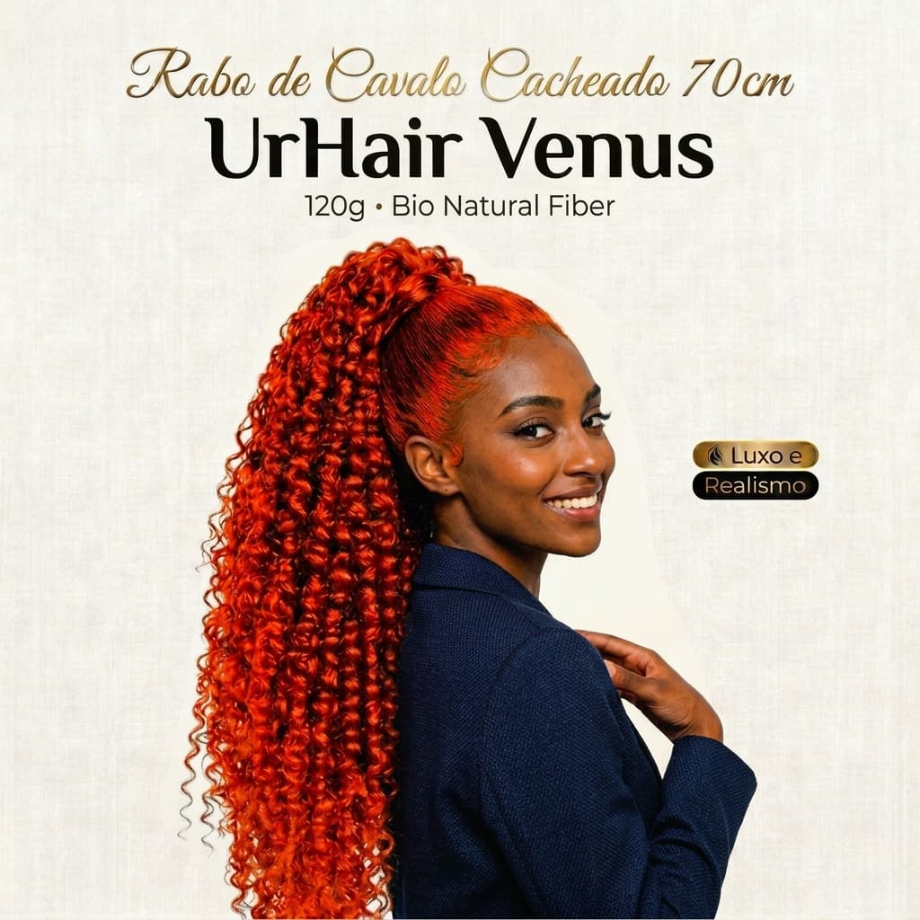 Aplique Rabo de Cavalo Cacheado 70cm UrHair Venus Fibra Bio Natural 120G Cabelo Premium Ruiva