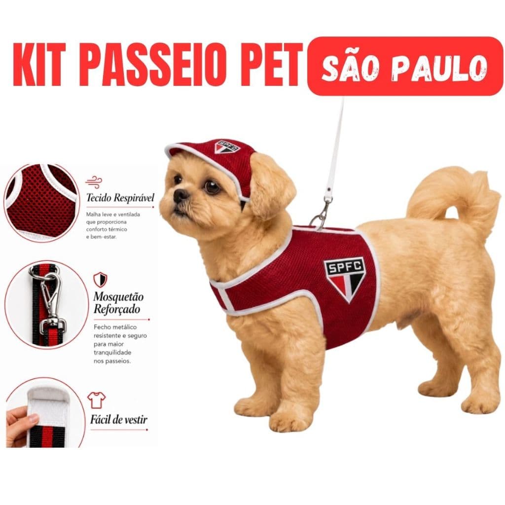 Kit São Paulo Colete Peitoral cachorros e gatos Time de Futebol são paulo com Guia 1 Metro