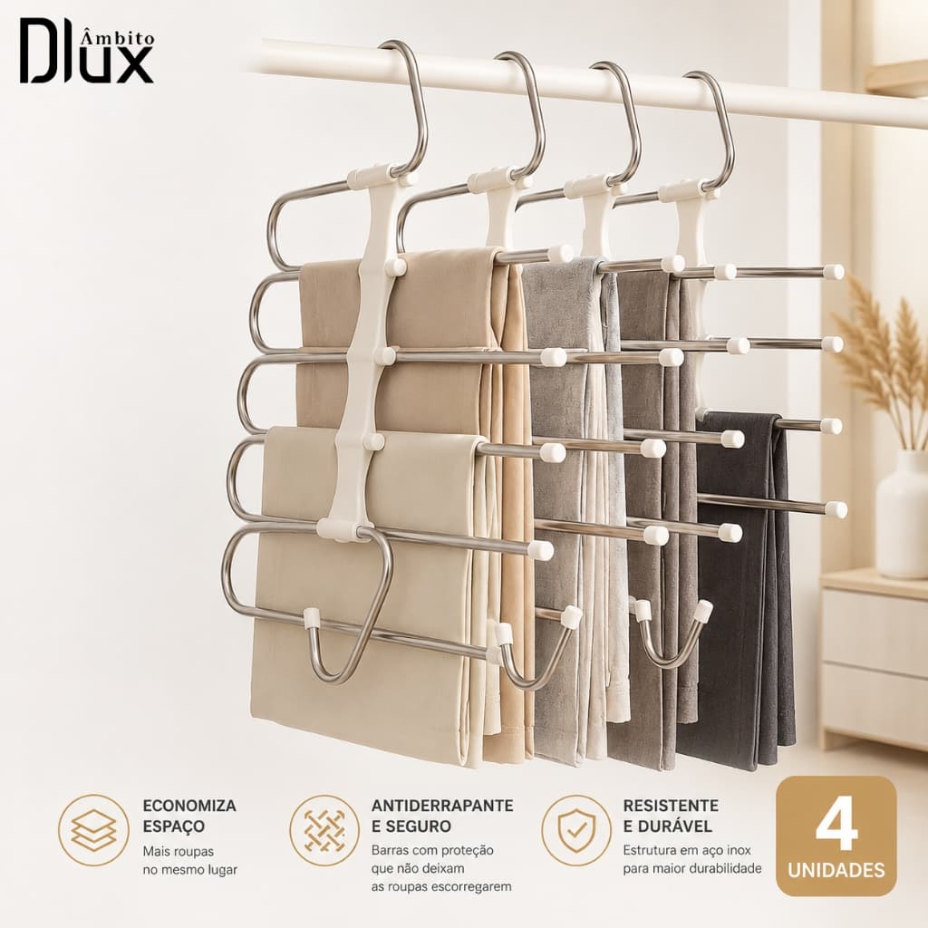Ambito Dlux Kit 4 Cabide Para Calças 5 em 1 Retrátil Multifuncional em Aço Inoxidável