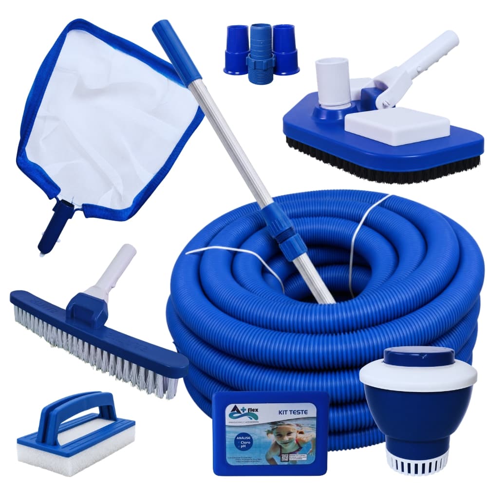Kit Limpeza para Piscinas Completo + Cabo 2m + Mangueira 5m + Esponja + Clorador + Estojo Cl/Ph