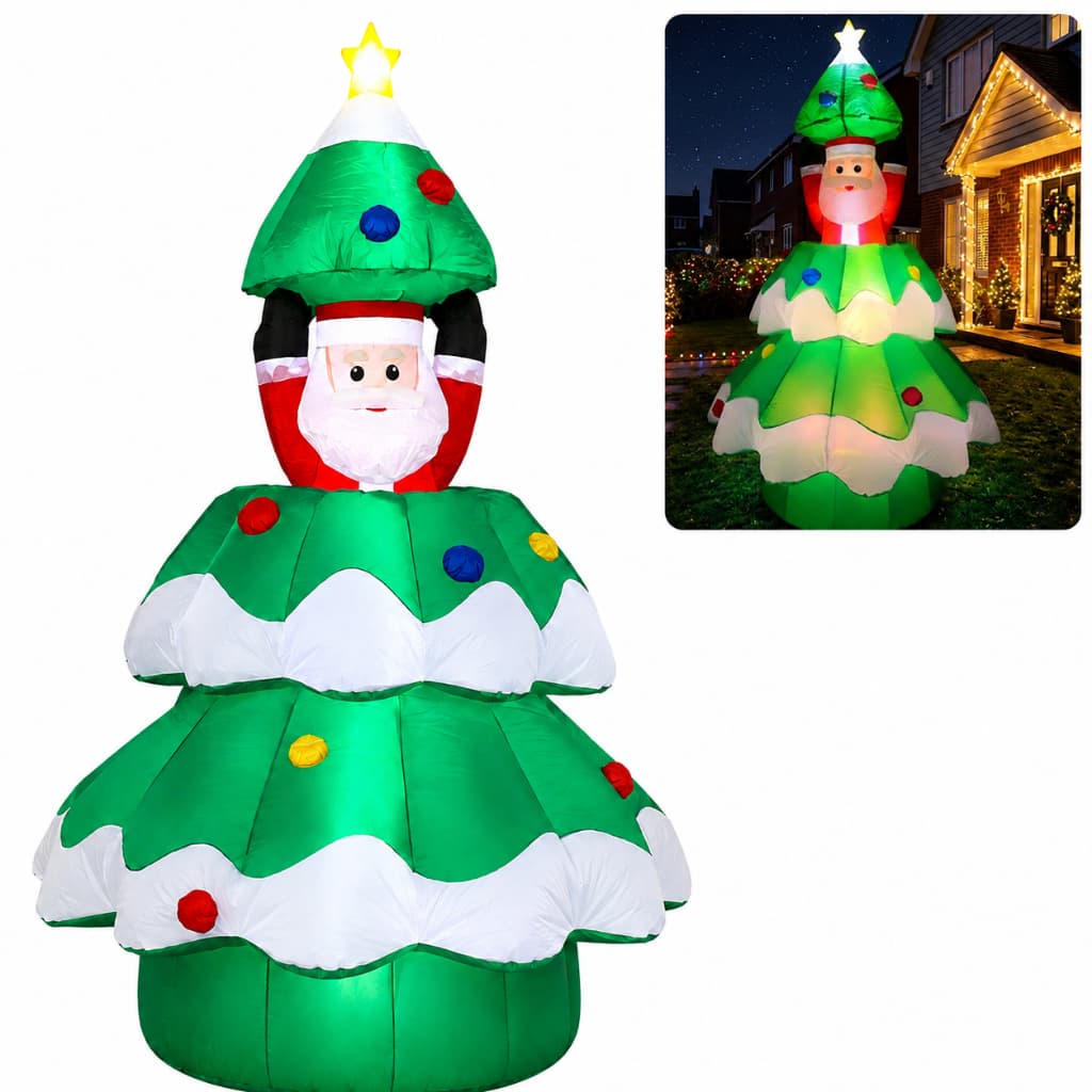 Árvore de Natal Inflável 190cm Papai Noel Sobe e Desce Com Luz Decoração Natalina Gigante Mexe de Verdade