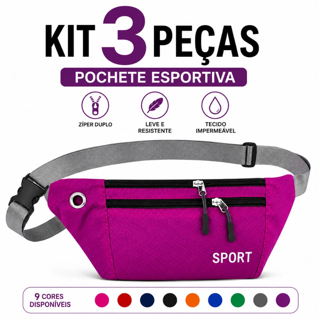 Kit 3 Peças Pochete Esportiva Feminina Masculina Bolsa de Cintura 2 Zíperes Leve Resistente 9 Cores Escolha as Cores