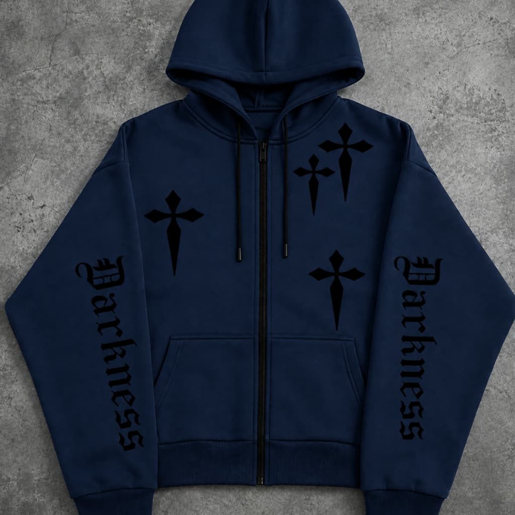 Casaco Masculino Moletom com Capuz Zíper Estampa Cruz Streetwear Estampa Street Urbana