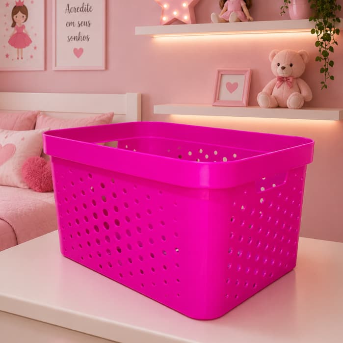 Caixa organizadora grande 17 litros sem tampa pink qualidade resistente cesto multiuso