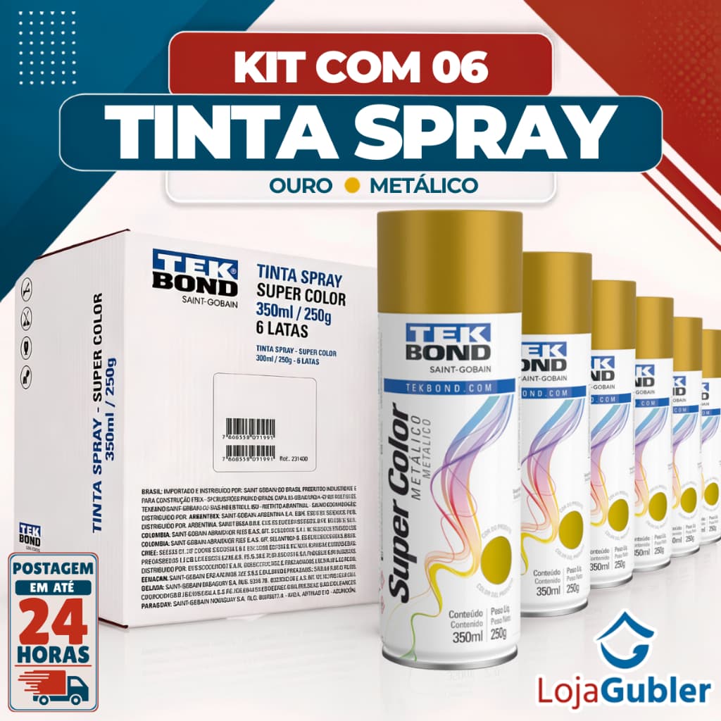 Kit 6 Tintas Spray Tekbond Ouro Metálico 350ml Uso Geral Alta Cobertura Secagem Rápida