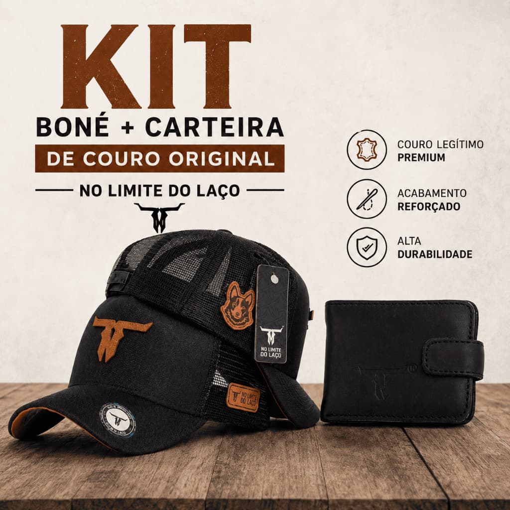 Kit Boné + Carteira em Couro Original Trucker Country Tela No Limite do Laço Masculino
