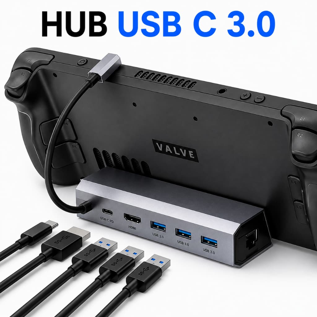 Hub Dock Station 6 em 1 Steam Deck Rog Ally HDMI 4K 60Hz RJ45 USB 3.0 Base Suporte Legion Go Nintendo