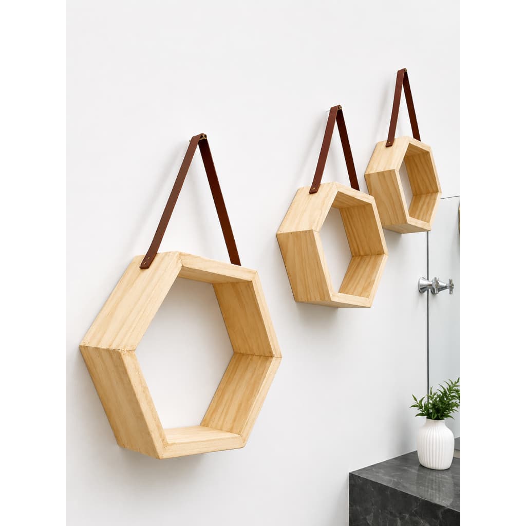 Kit 3 Nichos Colmeia Hexagonal Madeira Pinus com Alça de Couro Parede DESIGN UNICO