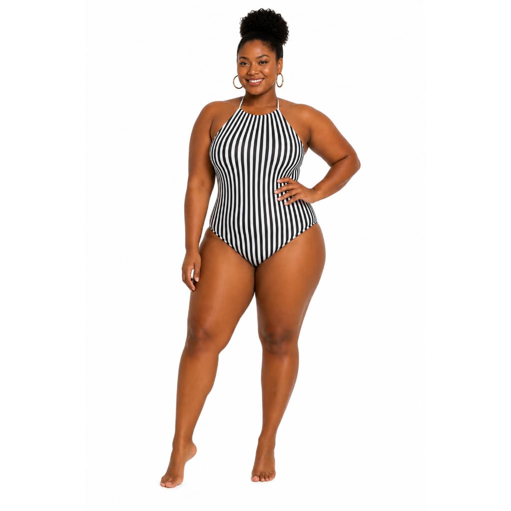 Body Feminino Suplex Plus Size Moda Tendência Blogueira Listrado Preto e Branco ZERO TRANSPARECIA