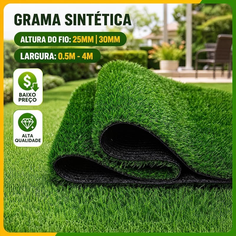 Grama Sintética Premium Verde Natural 1m de Largura x 2,5m a 4m para Decoração